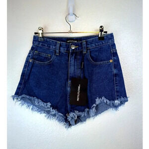 PrettyLittleThing Shorts Jean Mid Blue Frayed Hem Cheeky Shorts Size 2